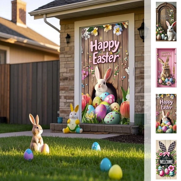 Easter Decor Easter Bunny Eggs Door Cover Banners Spring Flowers Blue Bow Pastel Design For Home Indoor Outdoor Holiday Decoration