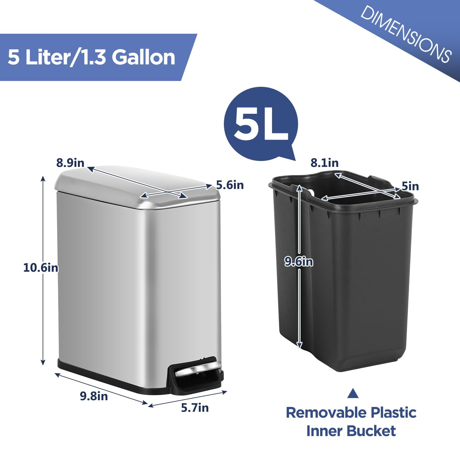 Dkelincs 1.3 Gallon (5 L) Step Trash Can with Lid Bathroom Garage Can Small Trash Bin Stainless Steel for Small Spaces, Silver
