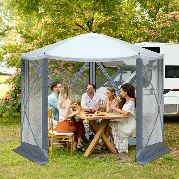 Qiushi 10X10 FT Pop Up Canopy Tent with 5 Mesh Sidewalls – Instant Outdoor Gazebo for Camping, Beach & Patio, UV 50 Waterproof & Mosquito-Proof, Portable 100 Sq Ft Shelter with Carry Bag, Gray