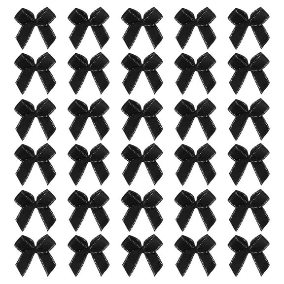 Mini Metallic Edge Ribbon Bow. 22x23mm Satin Silver Edge Ribbon Bow Appliques for Crafts DIY Hair Bows Sewing Wedding Party Christmas Decoration, (Pack of 50, Black)