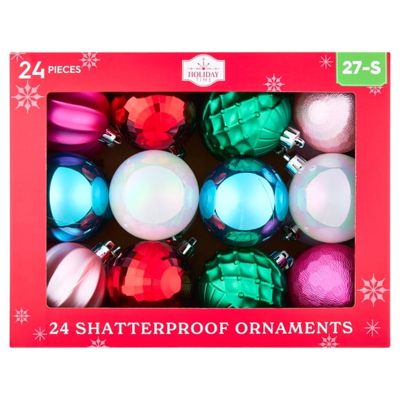 24-Count Multicolor Bright Ball Shatterproof Christmas Ornaments, 2.8", by Holiday Time