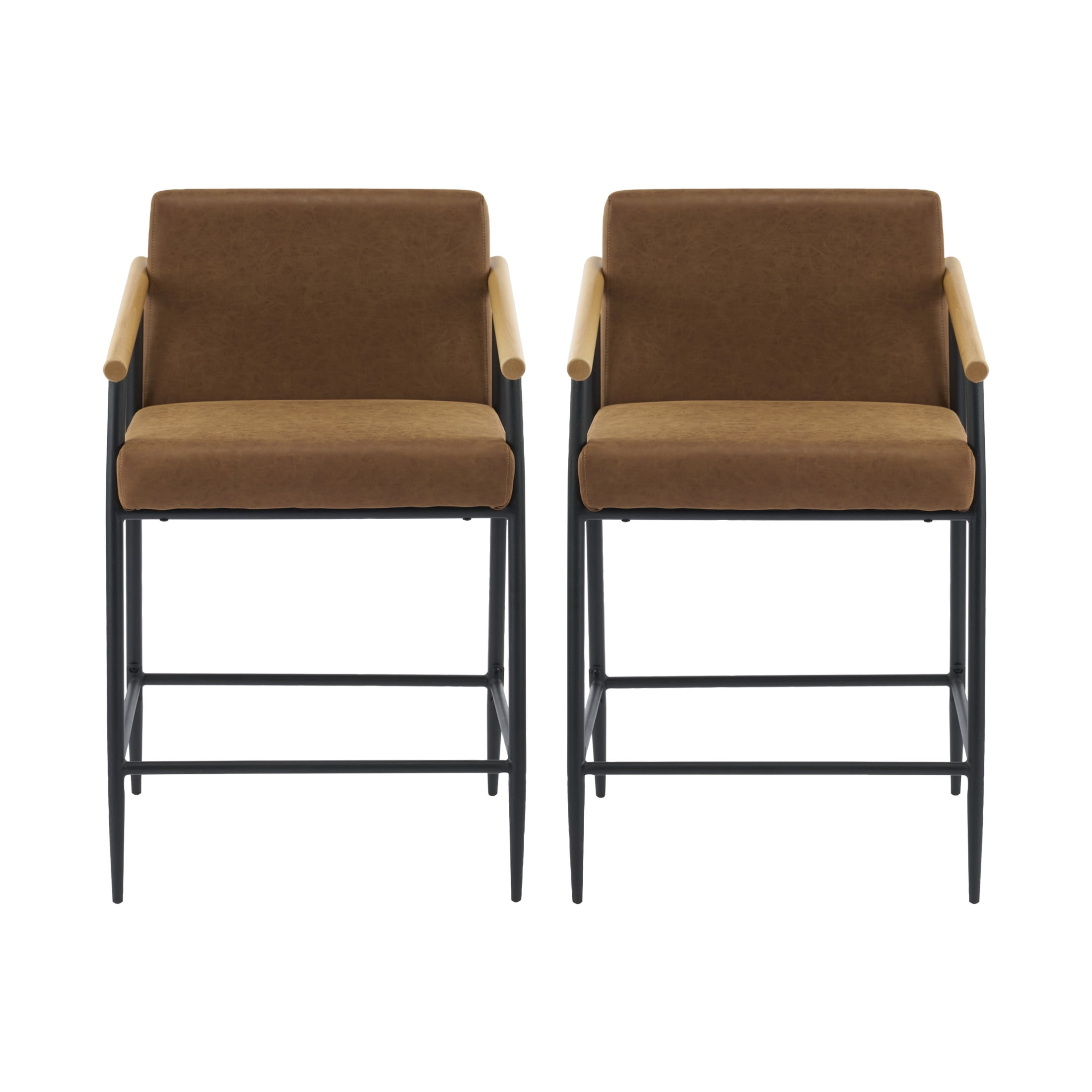 Christopher Knight Home Mid-Century Modern 26" Counter Height Stools, Metal Frame, Wood Armrests, Brown Cushion, Set of 2