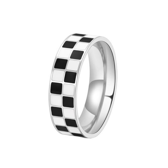 PAMTIER Unisex Stainless Steel 6mm Unique Irregular Black and White Checkerboard Pattern Signet Ring Couple Wedding Band Matching Set Silver Size 7