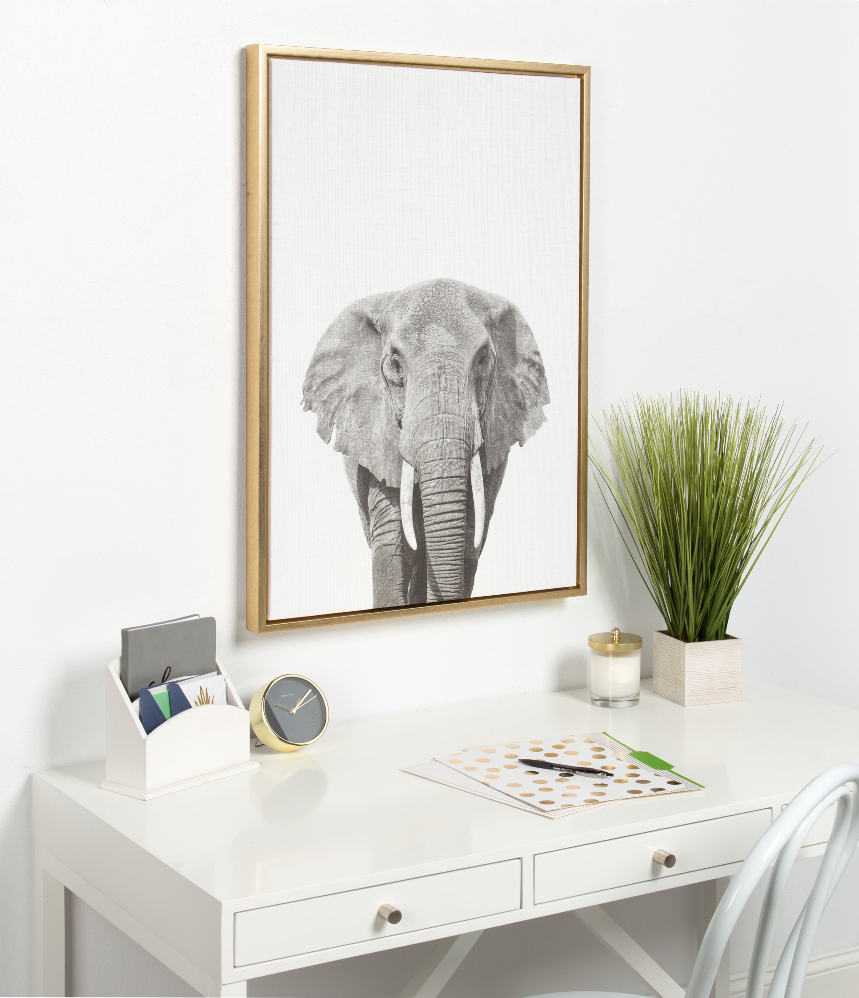 Kate and Laurel Sylvie Elephant Animal Print Black and White Portrait Framed Canvas Wall Art by Simon Te Tai, 23x33 Gold
