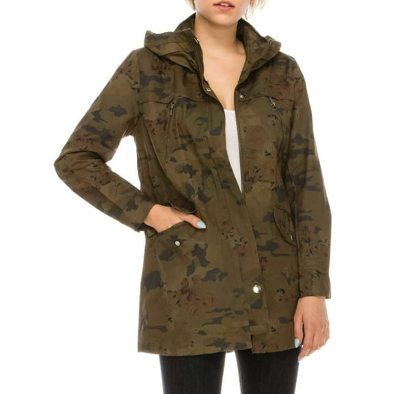 Womens Green Camo Floral Lightweight Jacket Cotton Trench Coat Small