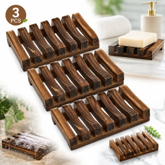 3-Piece Natural Wooden Soap Dish Holder for Shower, Self-Draining Soap Tray - Keeps Soap Dry, Extends Life, Perfect for Bathroom, Kitchen Sink