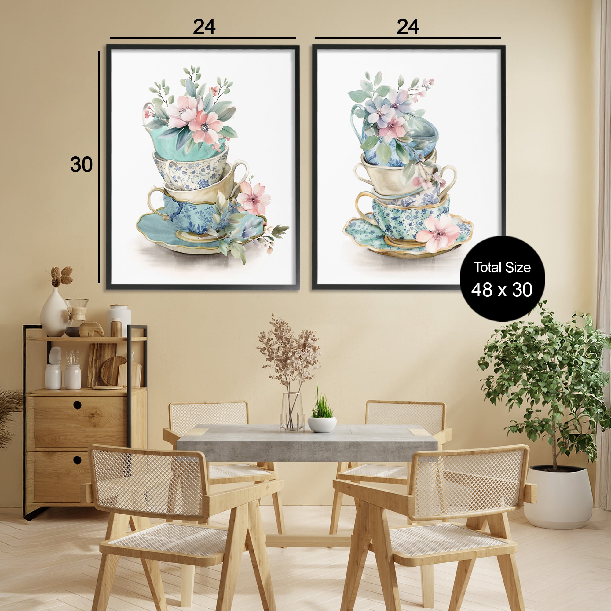 Stupell Industries Stacked Teacup Chinoiserie 2 Piece Black Framed Giclee Art Set, design by Kim Allen