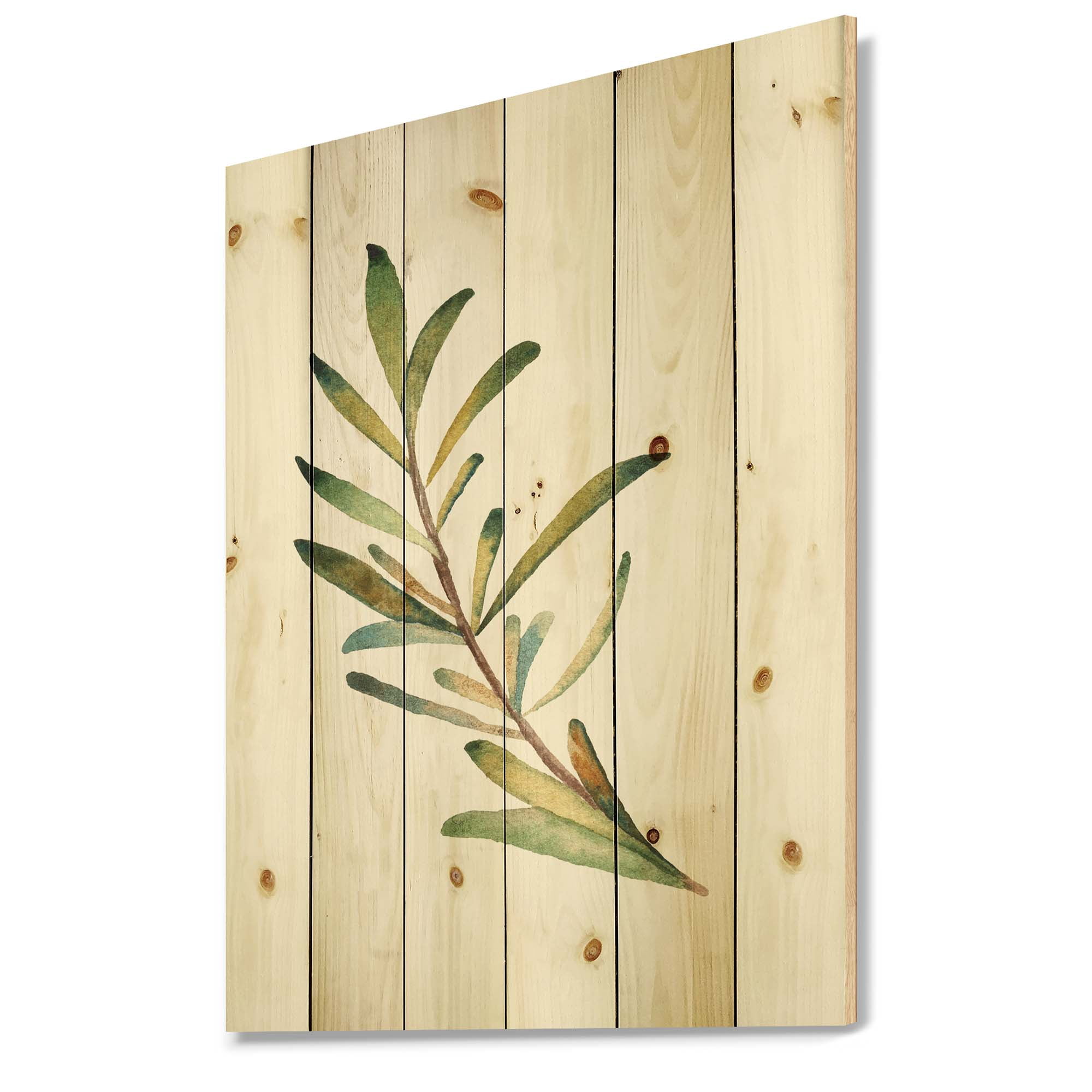 Designart 'Leaf Rosemary Branch on White' Traditional Print on Natural Pine Wood