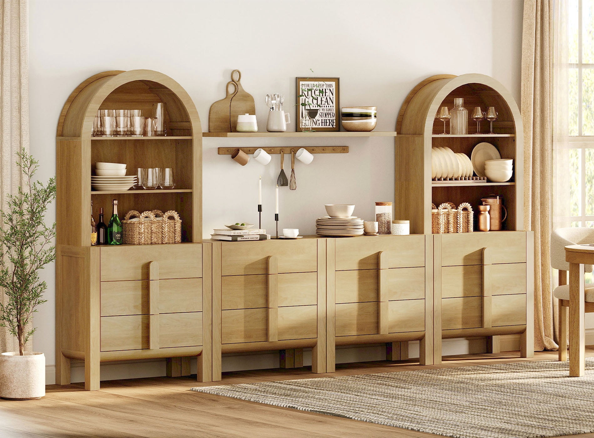 126"W Large Kitchen Hutch Sideboard Buffet Cabinet, Arched Pantry Storage Cabinet with 12 Drawers And 6 Tier Shelves