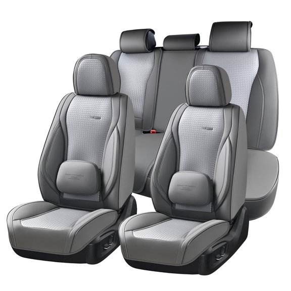 Coverado Car Seat Covers Full Set, Waterproof High-grade Leather Seat Protectors with Lumbar Support, Auto Cushions Universal Fit for Most Cars SUV Trucks, Gray