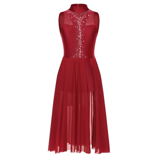 inlzdz Robe de Danse Femme Brillante avec Strass Sans Manches Costume de Performance de Danse Dos Trou de Serrure Robe Maxi Bourgogne m