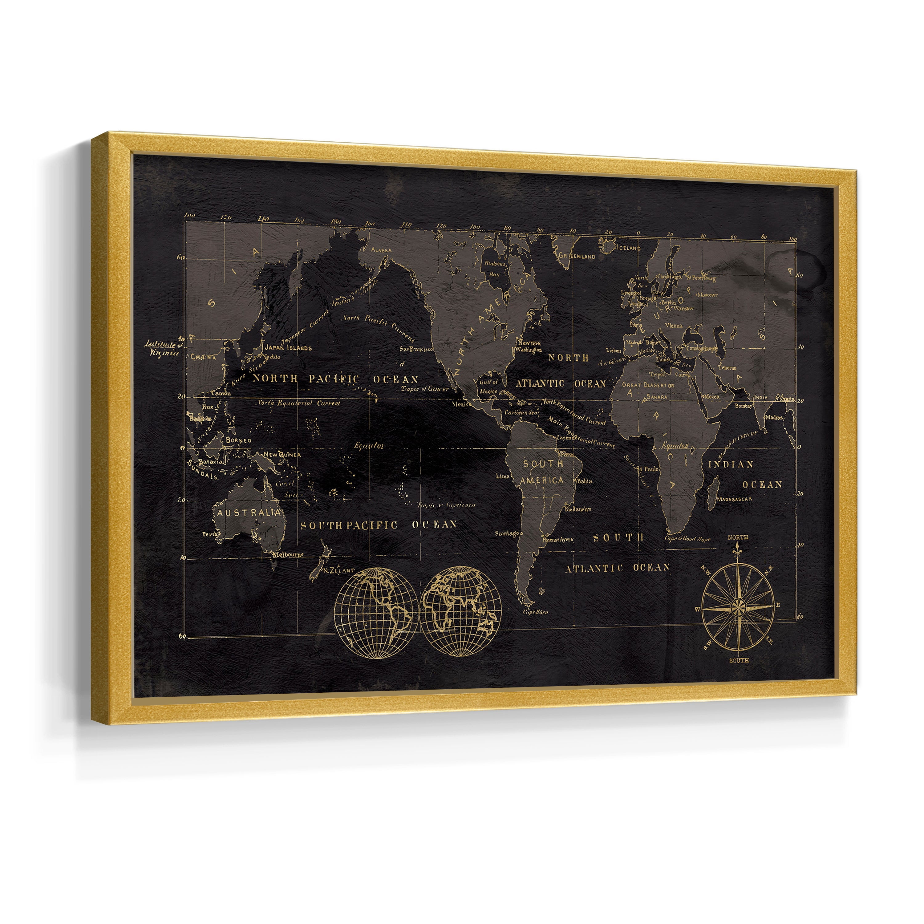 Black Gold Map by Carol Robinson - Restickable Framed Giclée Print