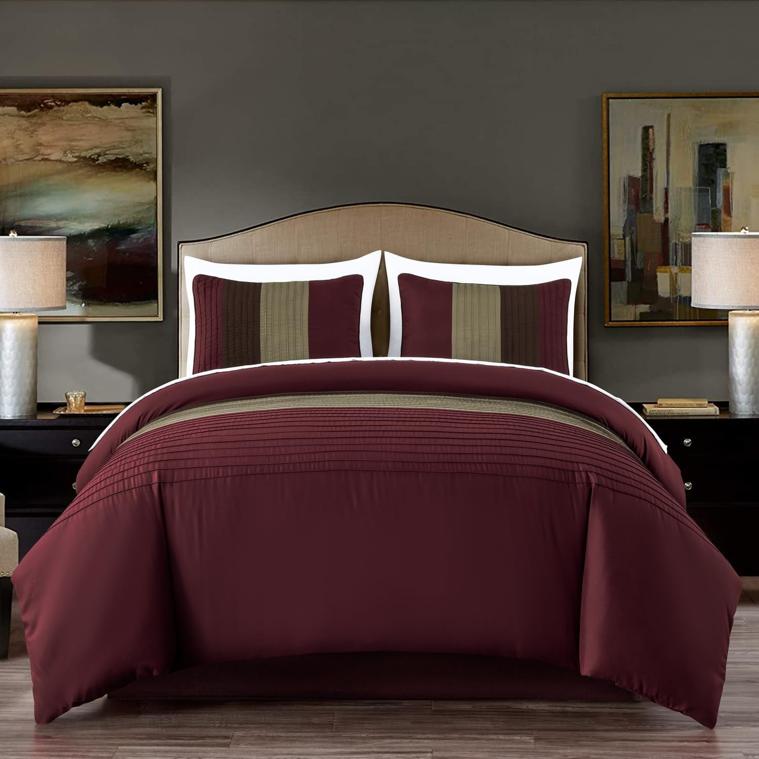 Chezmoi Collection Briar 7-Piece King Bed in a Bag Comforter Set with Sheets - Lightweight Comforter Burgundy Coffee Brown Luxury Pleated Stripe Bedding Set for All Season
