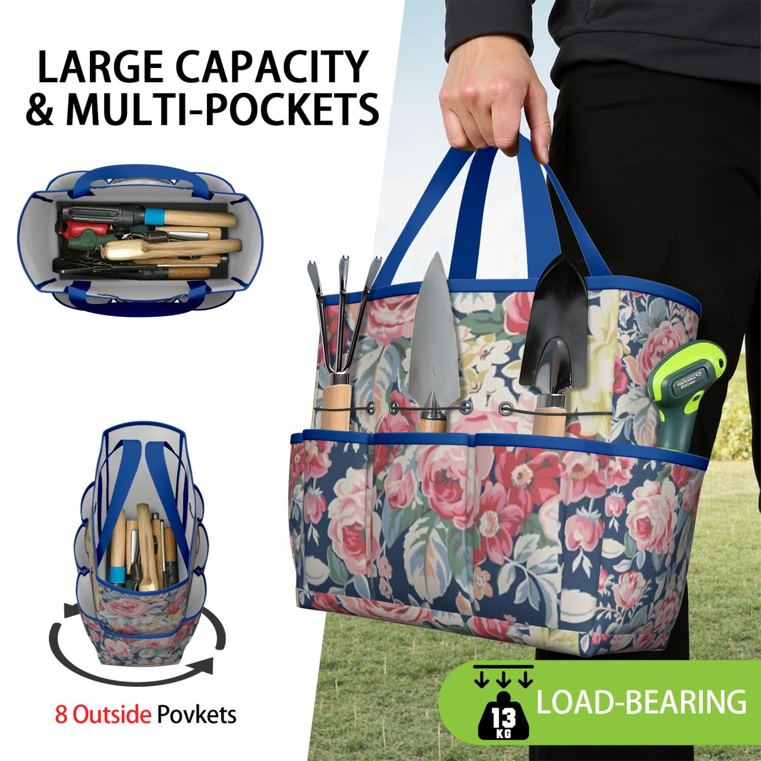 Garden Tool Bag,Pioneer Flower Floral Print Pattern Garden Tool Organizer,Garden Gifts,Waterproof Multi-Pocket Garden Tool Storage 11.8x5.5x11.4 Inch(Tools NOT Included)