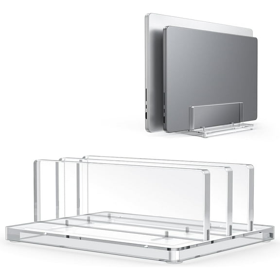 Vertical Laptop Stand for Desk, Acrylic Dual Laptop Holder Desktop Clear Adjustable Dock for MacBook Pro Air, HP, All Gaming Laptops up to 17” (Clear, Dual Slot)