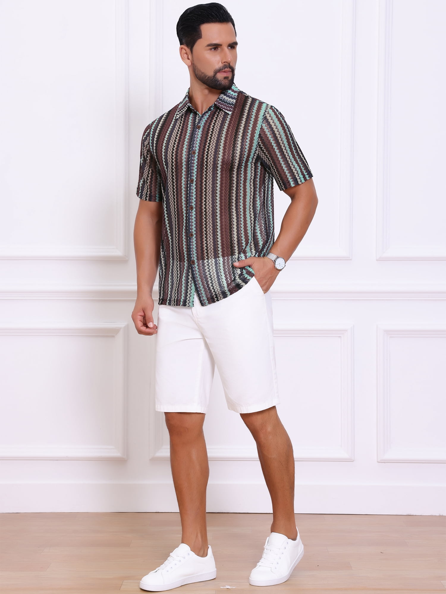 DARING DIVA Men's Striped Short Sleeve Button Down See Through Shirts 2XL Gray Brown
