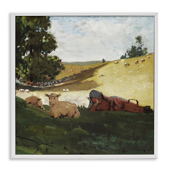 Stupell Industries Transitional Girl & Sheep in Country White Framed Giclee Art, 12 x 12, by Winslow Homer