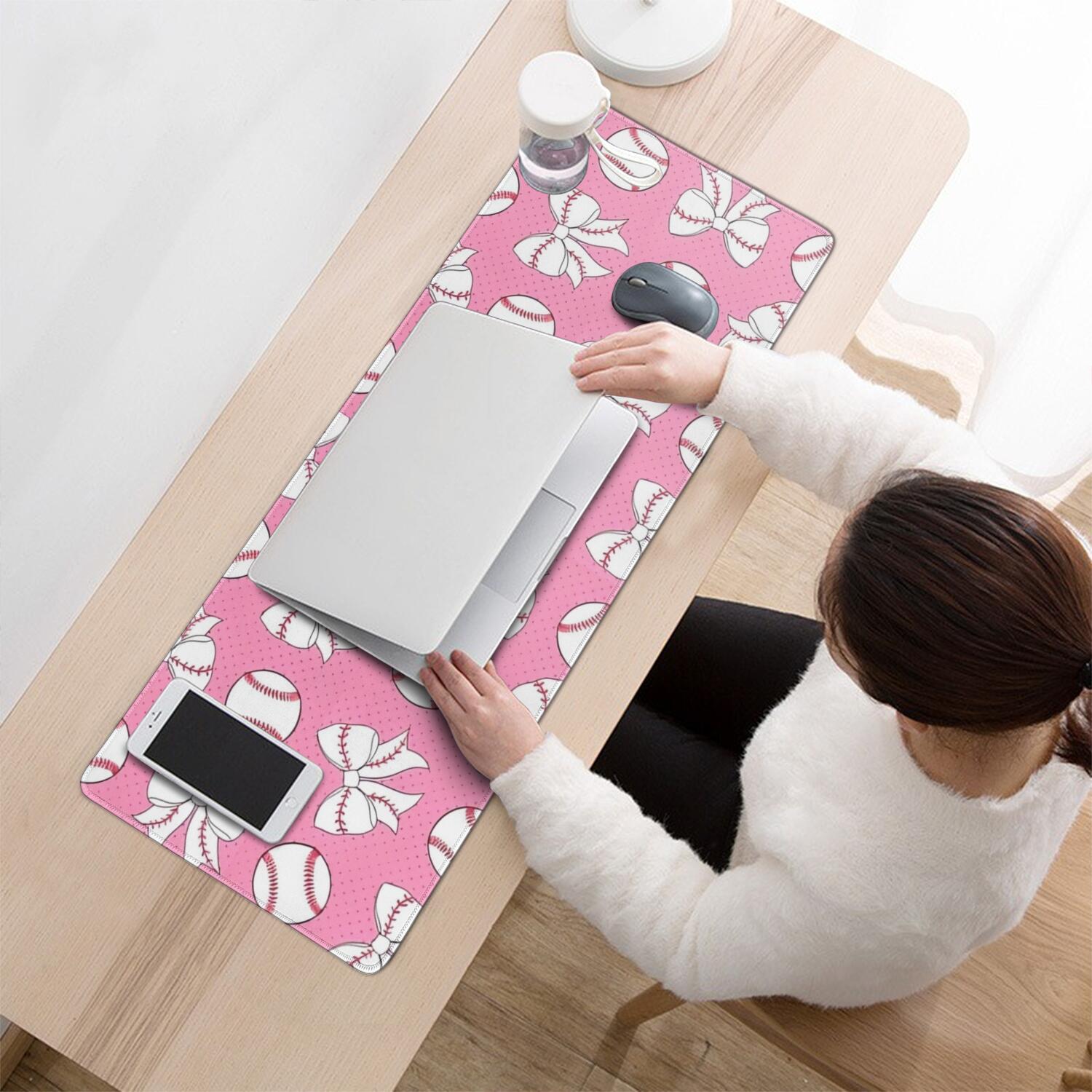 Long Mouse Pads for Desk,Pink Bows and Baseballs Pattern Desk Mats on Top Of Desks, Desk Mouse Pad Extra Large with 3mm Non-Slip Base and Stitched Edge for Gaming,Office,Work,Home 31.5"x11.8"