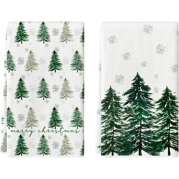 Mode Green Xmas Tree Merry Christmas Kitchen Towels Dish Towels, 16x24 Inch Farmhouse Snowflakes Winter Decoration Cleaning Set of 2
