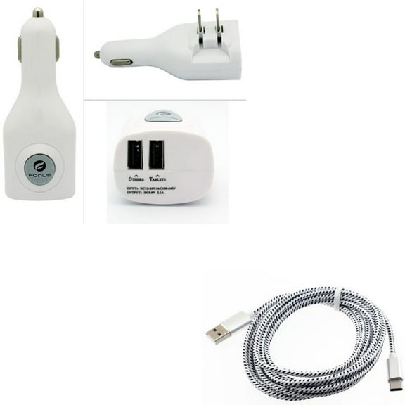 2-Port USB Car Home Charger w Type-C 10ft USB Cable P2A for Blackberry KEYone, Key2 LE - BLU G9, Vivo XI Plus 5 - CAT S48c S61 - Coolpad Legacy - Essential Phone (PH-1) - Google Pixel XL 3a XL