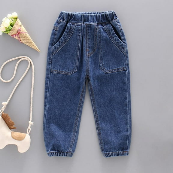 Spazoro Kids Boys Jeans, Elastic Waist Solid Color Spring Casual Denim Pants for Child Boys Navy Size 3-4T