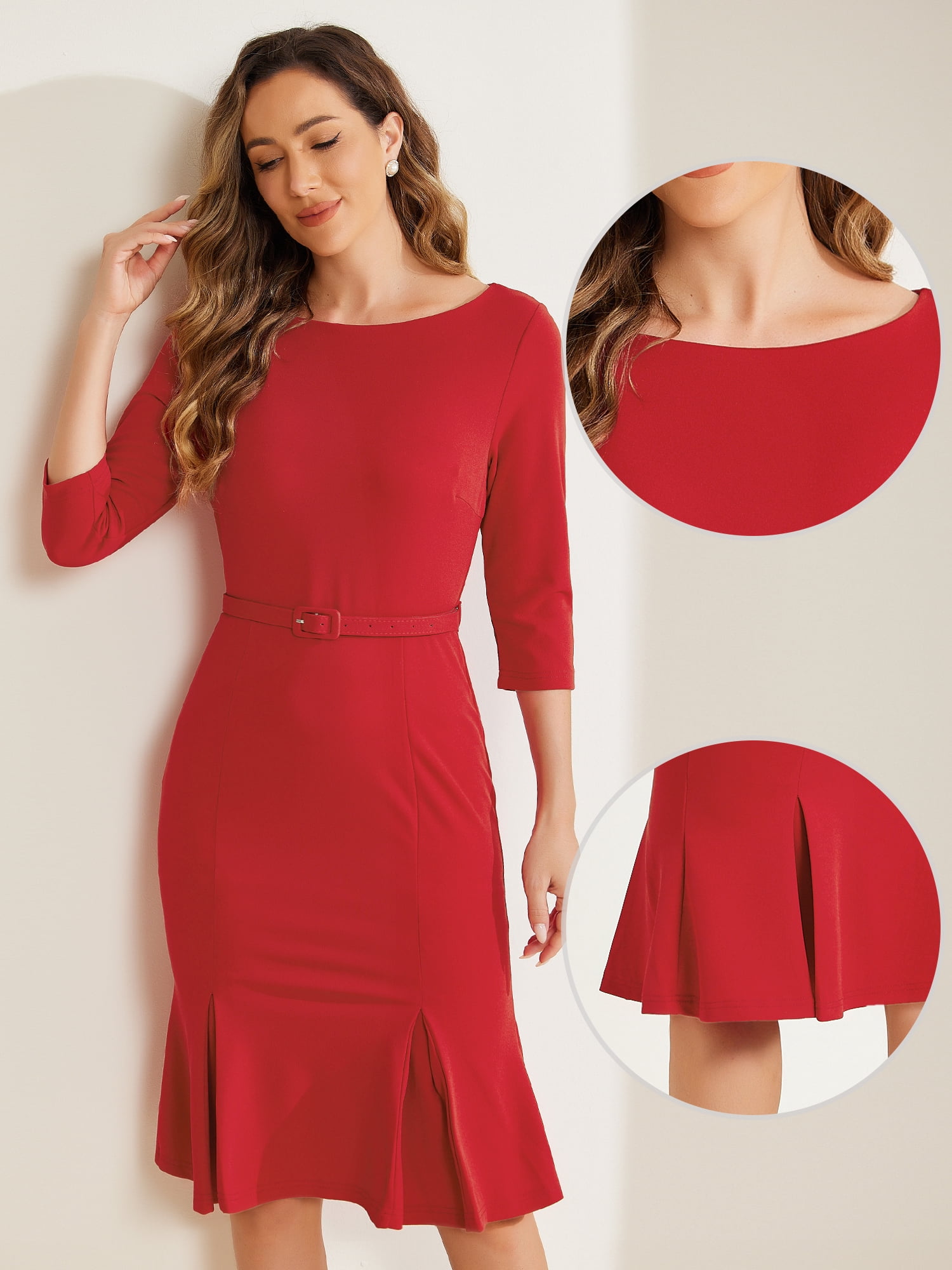 DARING DIVA Boat Neck Half Sleeve Pleated Business Elegant Dresses L Red