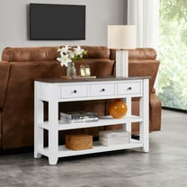 WEGFTDUOP  44" Retro Console Table with 3 Drawers & 2 Open Shelves - Solid Pine Wood Frame, Farmhouse Sofa Table for Living Room Foyer, Hallway (White)