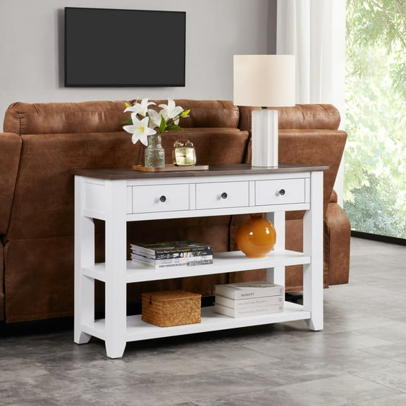 WEGFTDUOP  44" Retro Console Table with 3 Drawers & 2 Open Shelves - Solid Pine Wood Frame, Farmhouse Sofa Table for Living Room Foyer, Hallway (White)