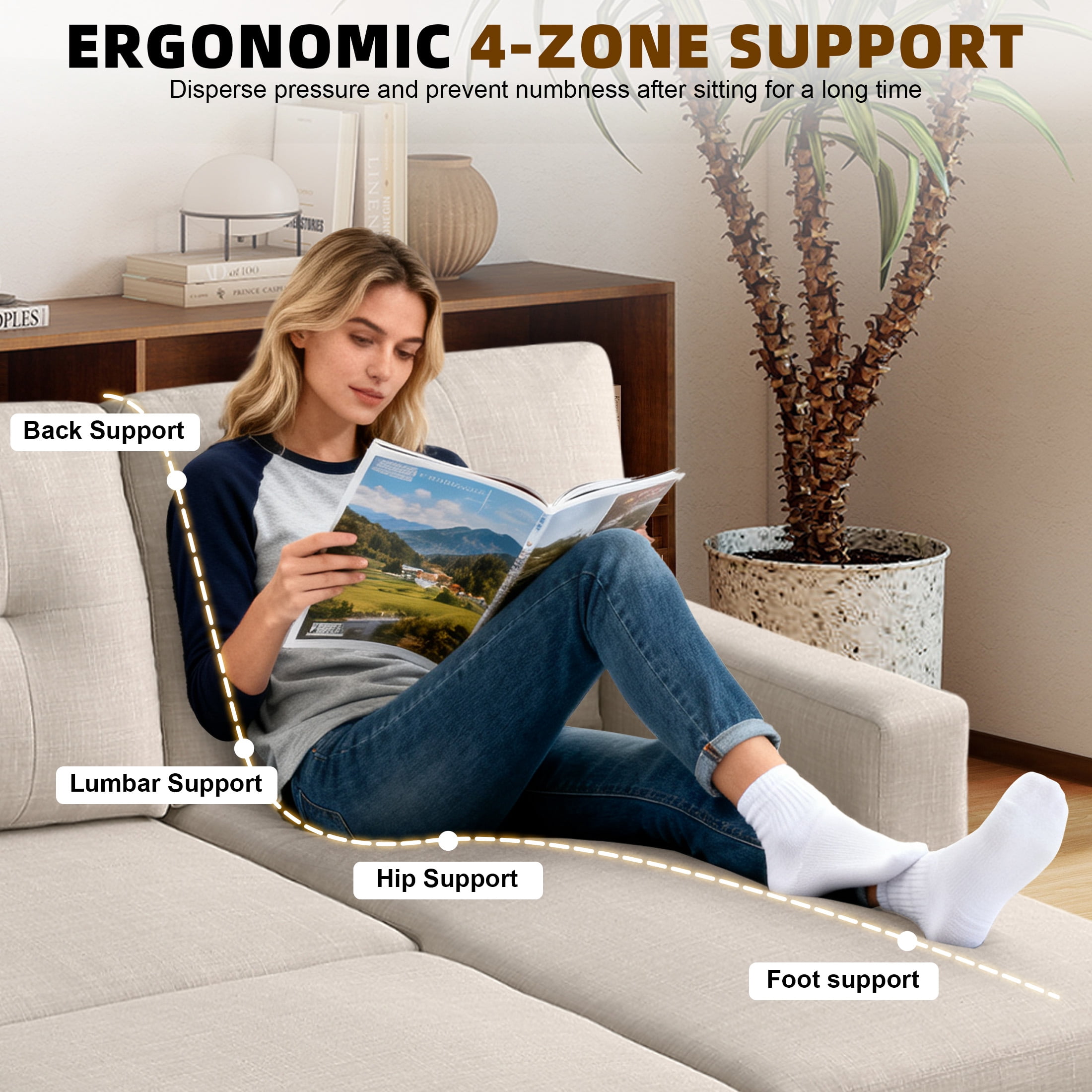 Aukfa Premium Pull-Out Sleeper Sofa Bed with Storage Chaise, Contemporary 3-Seater Couch for Living Room, Beige