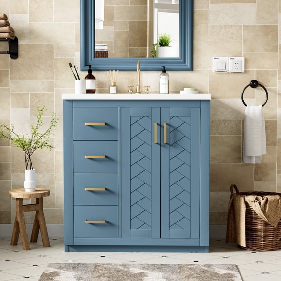 Miekor Furniture 30" Bathroom Vanity with Ceramic Sink Combo,Solid Wood Frame Bathroom Storage Cabinet, Freestanding Vanity Set with 3 Drawers& Soft Closing Doors 970M