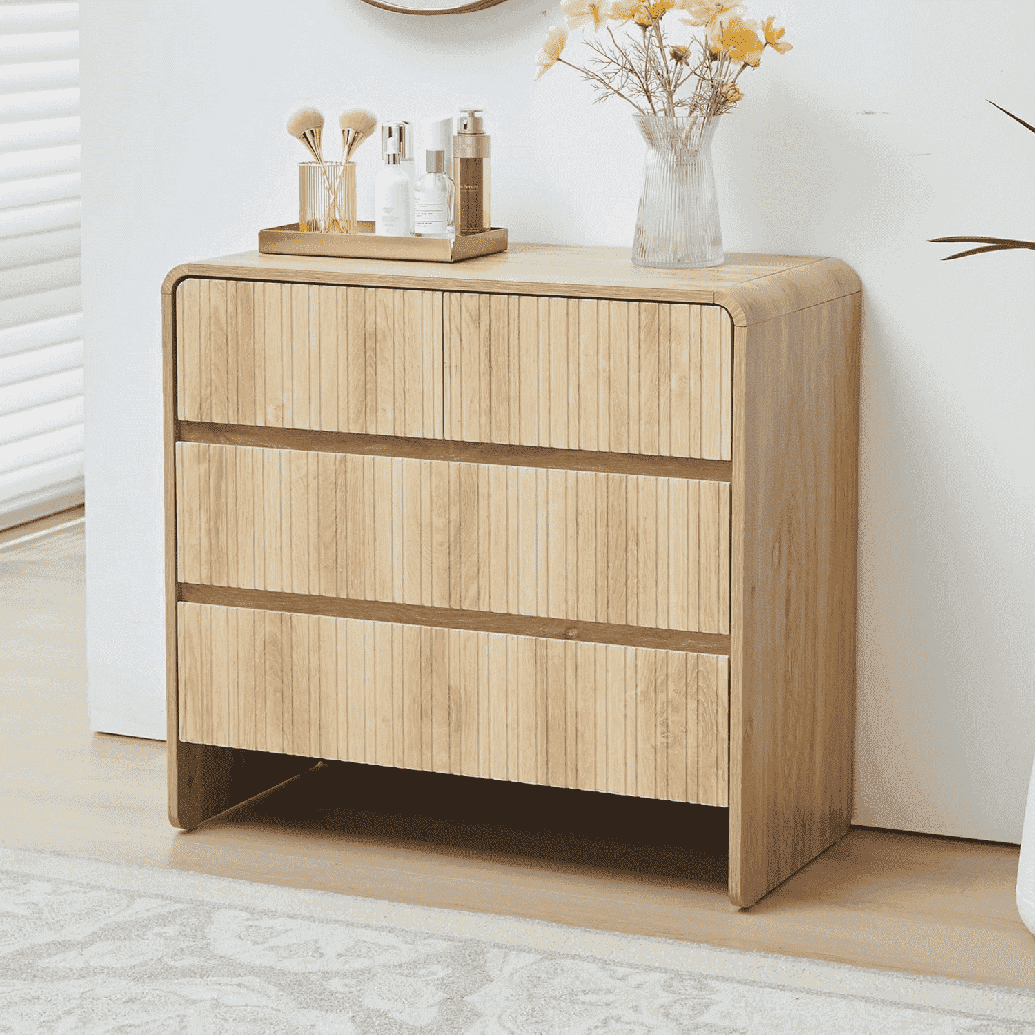 LEFHDA Fluted 4 Drawers Dresser, Mid Century Modern Storage Dresser, Large Dresser with Curved Profile Design, 31.5" Wood Dresser for Bedroom Living (Oak)