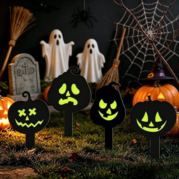 Halloween Lighted Acrylic Pumpkin Garden Stake, Glowing Jack-O'-Lantern Outdoor Yard Decoration, Assorted Pumpkin Face Pathway Lawn Stake for Porch, Garden, Patio, Halloween Party Decor