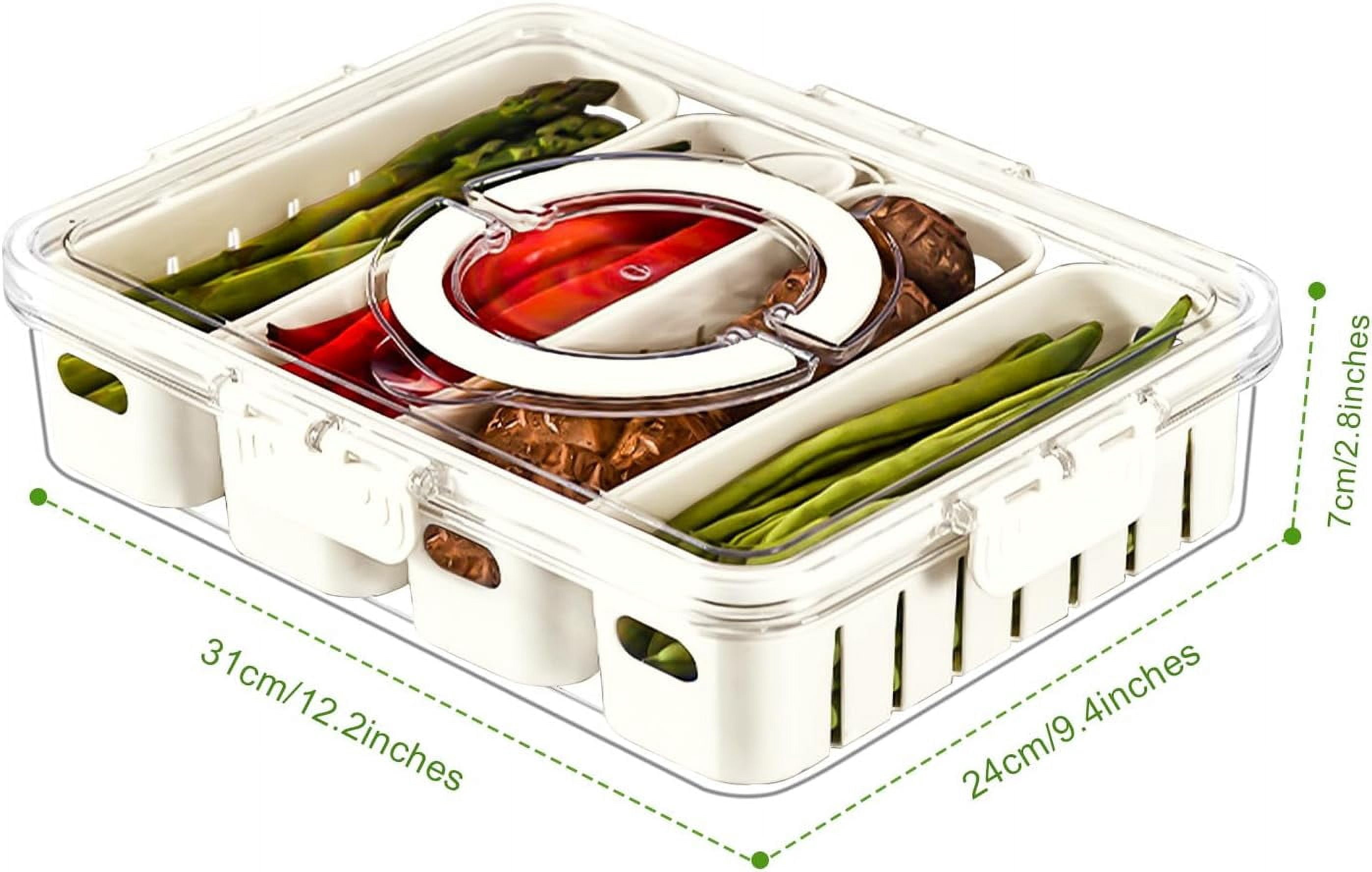 MHSIOAP-Salad Bar Containers for Fridge with Lid and Handle, Fruit Storage Containers with 4 Removable Colanders, Berry Box Fresh Produce Saver for Fruit, Veggie, Refrigerator, Kitchen, Picnic