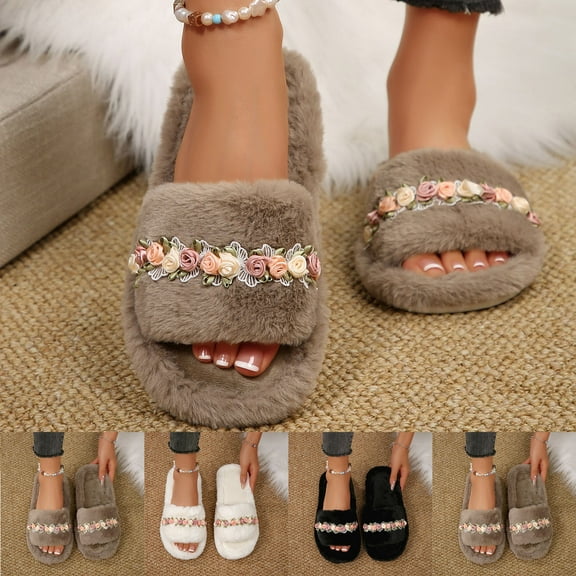 Womens Slippers Flat Heel Open Toe Slip-on House Warm Shoes Winter Casual Indoor Outdoor Home Warm Woolen Flats Slides for Couples Black 5.5