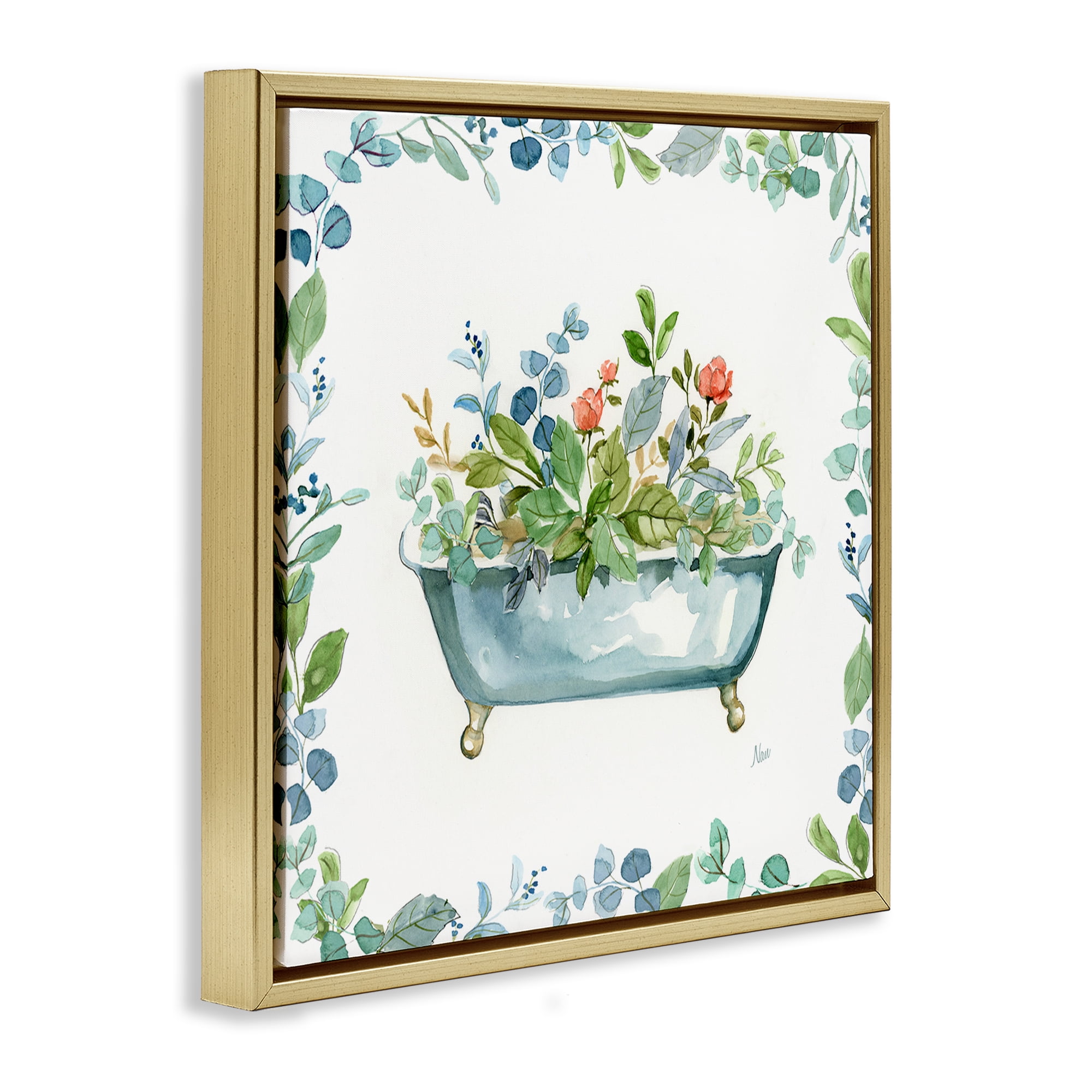 Stupell Industries Plant Filled Tub Typography Painting Gold Floater Framed Canvas Art Print Wall Art, 18 x 18