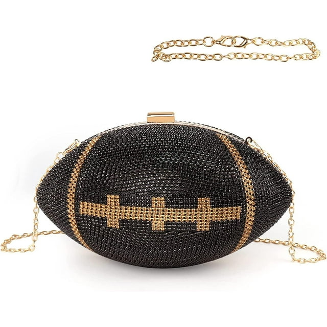 Football Bling Purse Rhinestone Clutch Purses for Women Crystal Ball Purse Rugby Ball Shaped Bag with Shoulder Chain