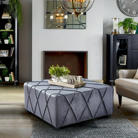 Ottoman Wood Armen Living Gemini Contemporary Ottoman in Grey Velvet with Piping Accents and Wood Legs ()