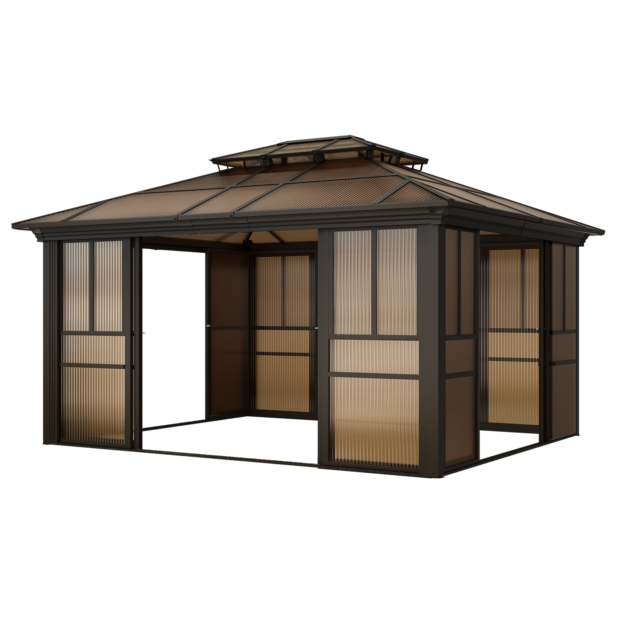 Hommow 12' x 14' Solarium Sunroom, Outdoor Hardtop Polycarbonate Roof Sun Room, Aluminum Frame Tiny House with Lockable Sliding Doors
