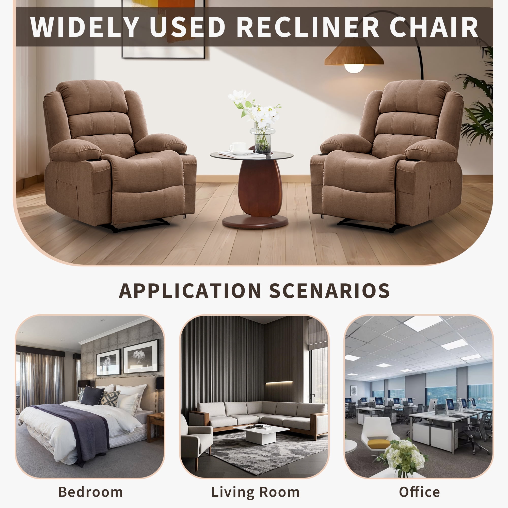 Wide Manual Recliner Chair for Adults, Oversized 37.4" Big & Tall Recliner with 3 Angle Modes, Breathable Chenille Fabric, 2 Cup Holders, Side Pockets, Heavy-Duty, 350 Lbs Capacity