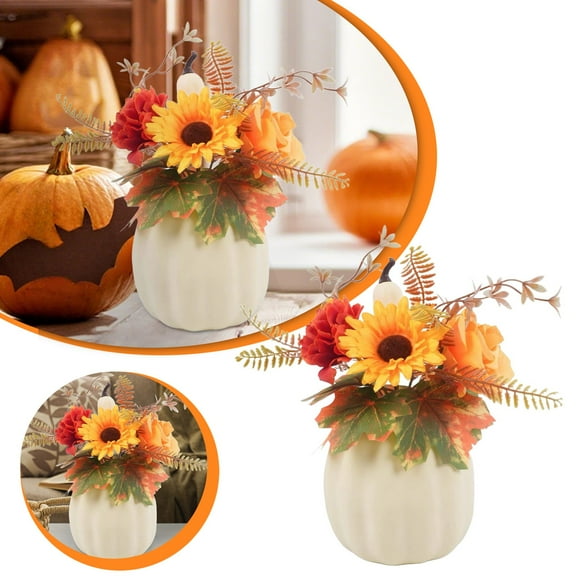 Artificial Mini Pumpkin Set with Flowers and Maple Leaves, Fall Centerpiece Decor for Halloween Thanksgiving, Outdoor Indoor Table Decorations, Autumn Harvest Festival Home and Desk Decor