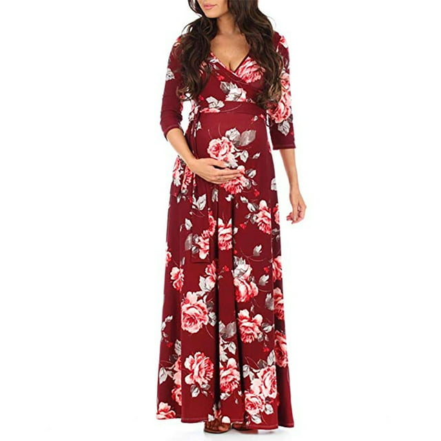 Robe de Maternité pour Séance Photo Femme Enceinte Imprimée Portefeuille Ceinture Ajustable Robe Multifonction