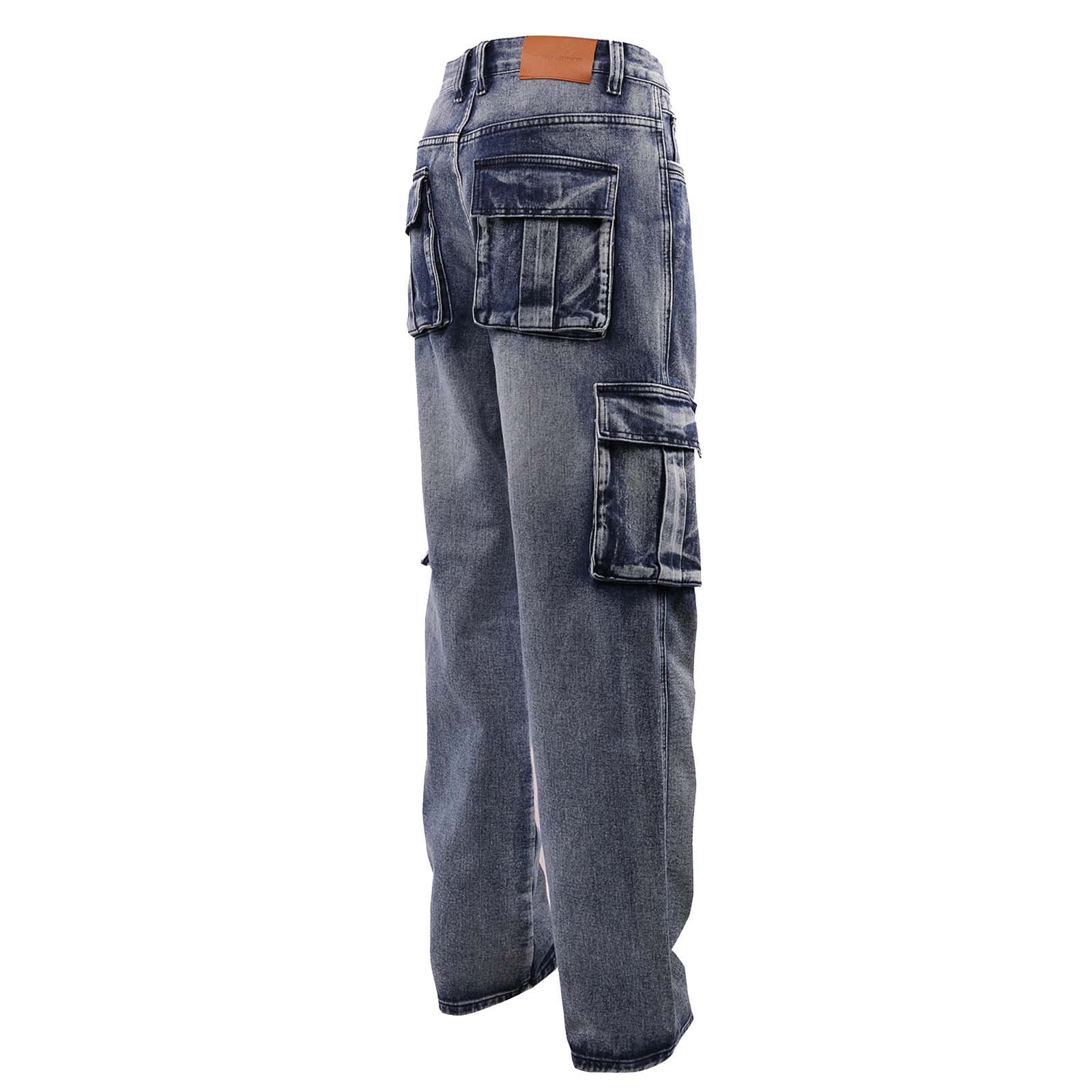 APEXFWDT Men's Cargo Jeans Multi-Pocket Straight-Leg Denim