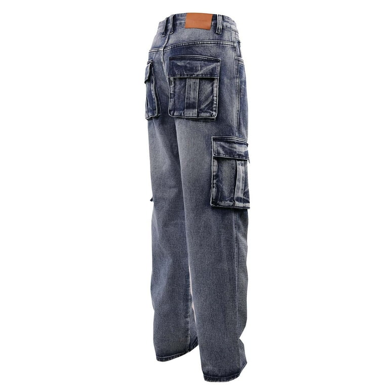 APEXFWDT Men's Cargo Jeans Multi-Pocket Straight-Leg Denim