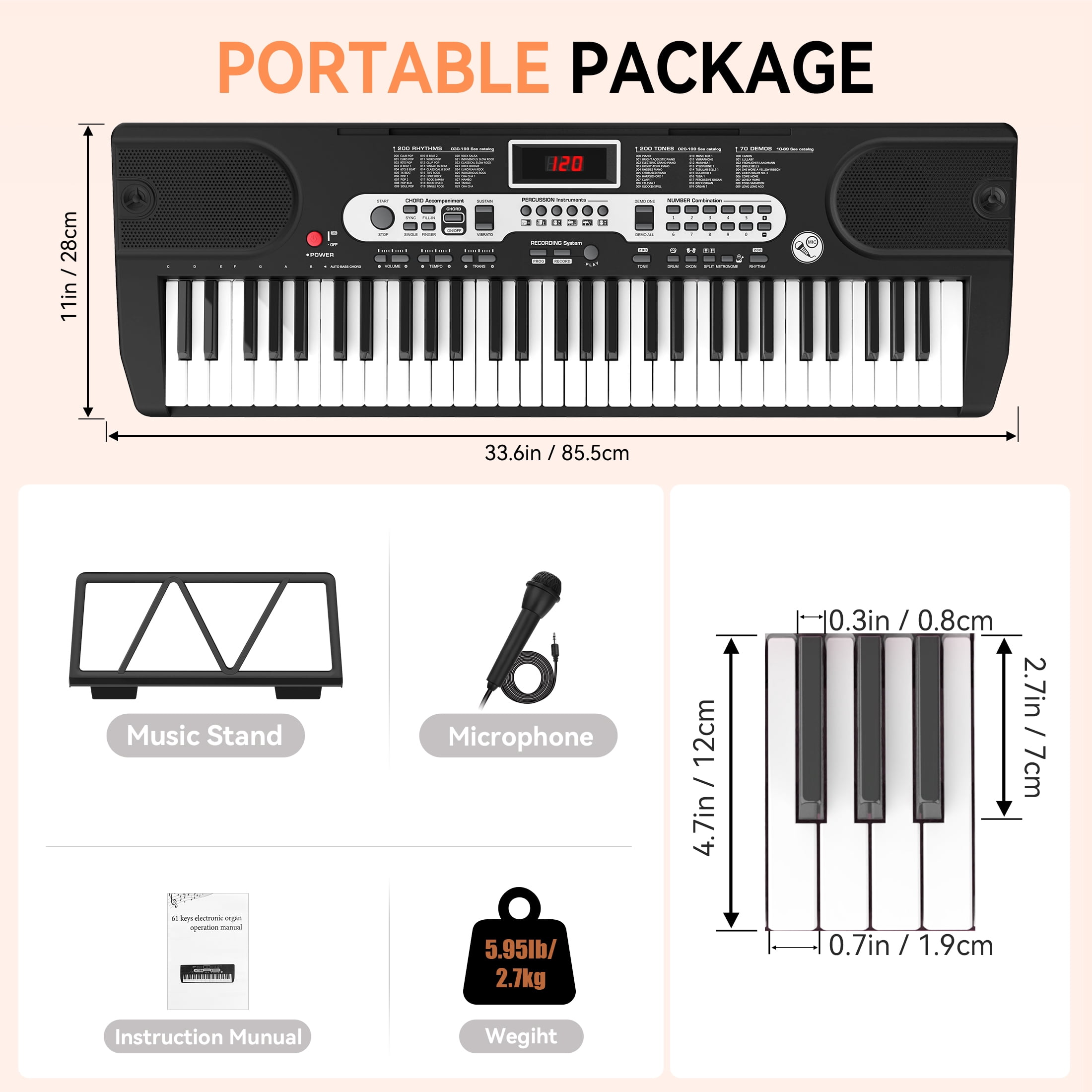Fenbeli 61 Key Piano Keyboard with Music Sheet Stand, Microphone, 200 Tones & Rhythms