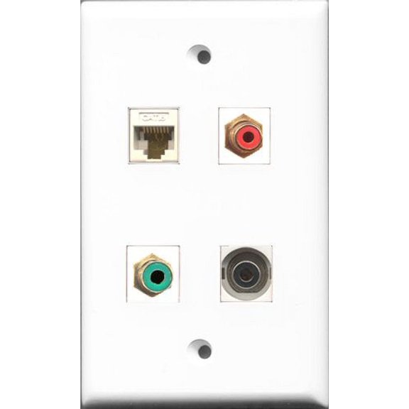 RiteAV 1 Port RCA Red and 1 Port RCA Green and 1 Port 3.5mm and 1 Port Cat6 Ethernet White Wall Plate