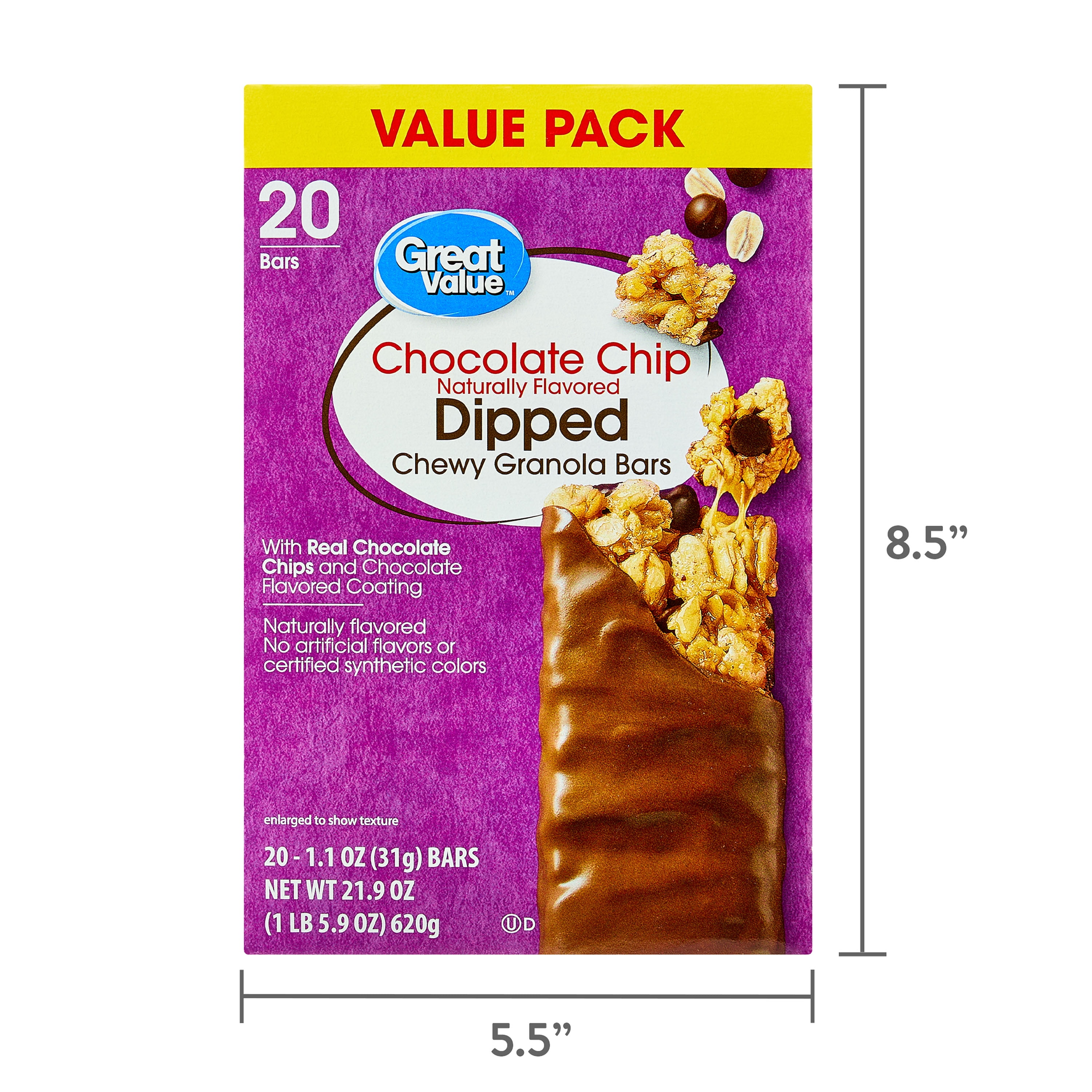 Great Value Chocolate Chip Dipped Chewy Granola Bars, 1.1 oz Paper Box, 20 Count