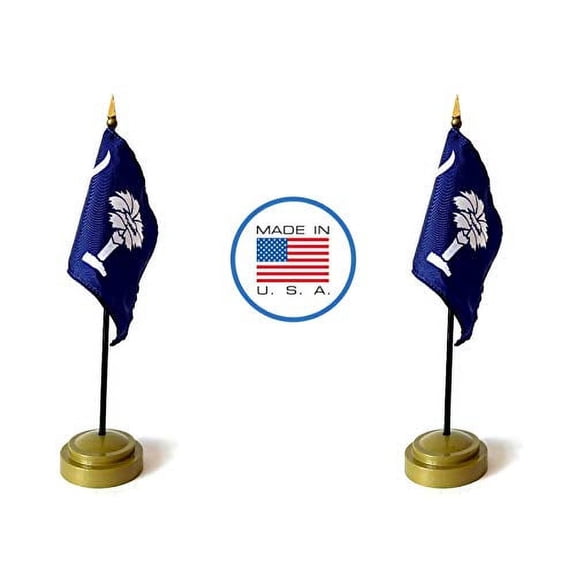 Made in The USA Flag Set. 2 South Carolina Rayon 4"x6" Miniature Office Desk & Little Hand Waving Table Flags Includes 2 Bronze Flag Stands & 2 Small Mini South Carolina Stick Flags
