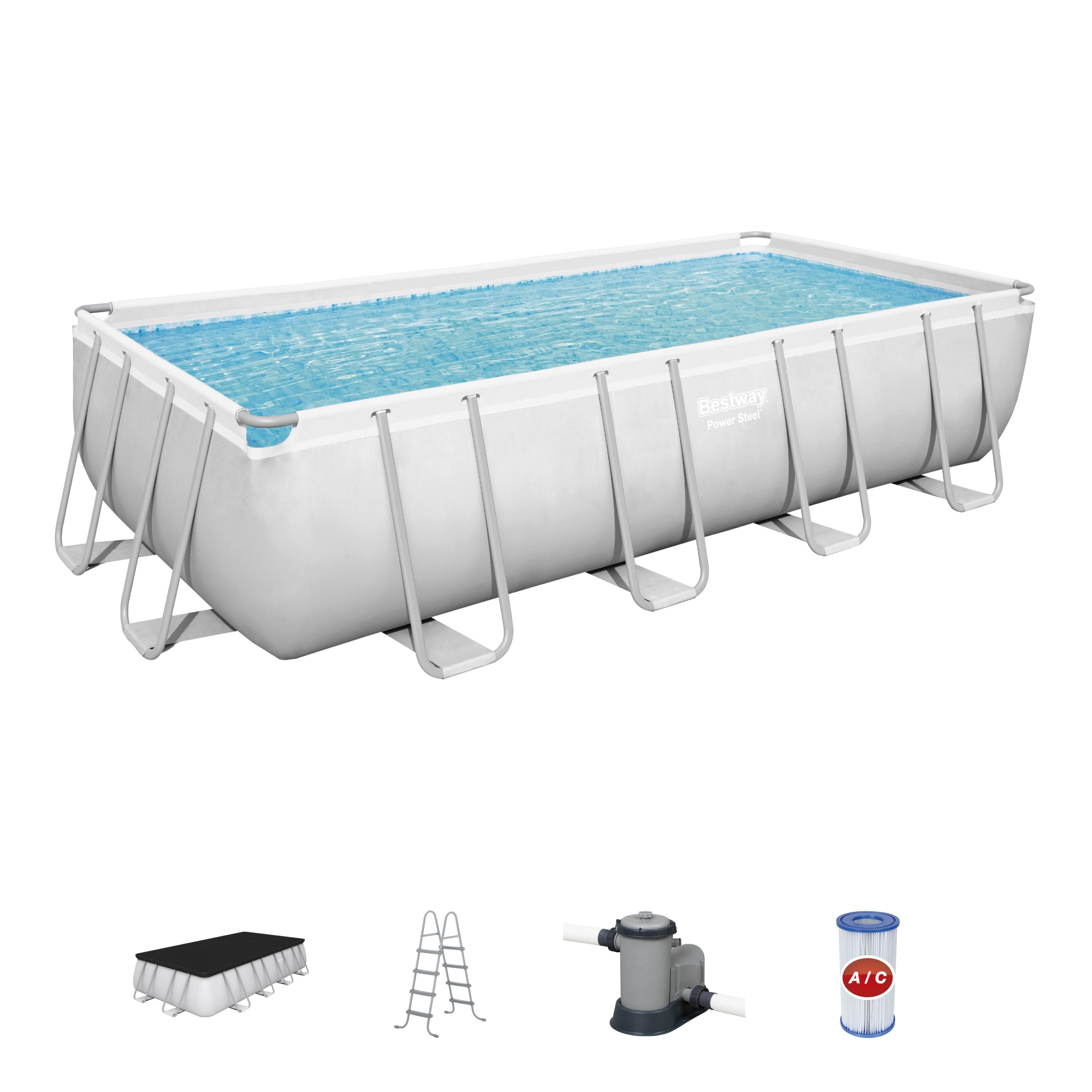 Bestway Power Steel 18' x 9' x 48" Rectangular Metal Frame Swimming Pool Set with Pump, Ladder and Cover - image 4 of 8