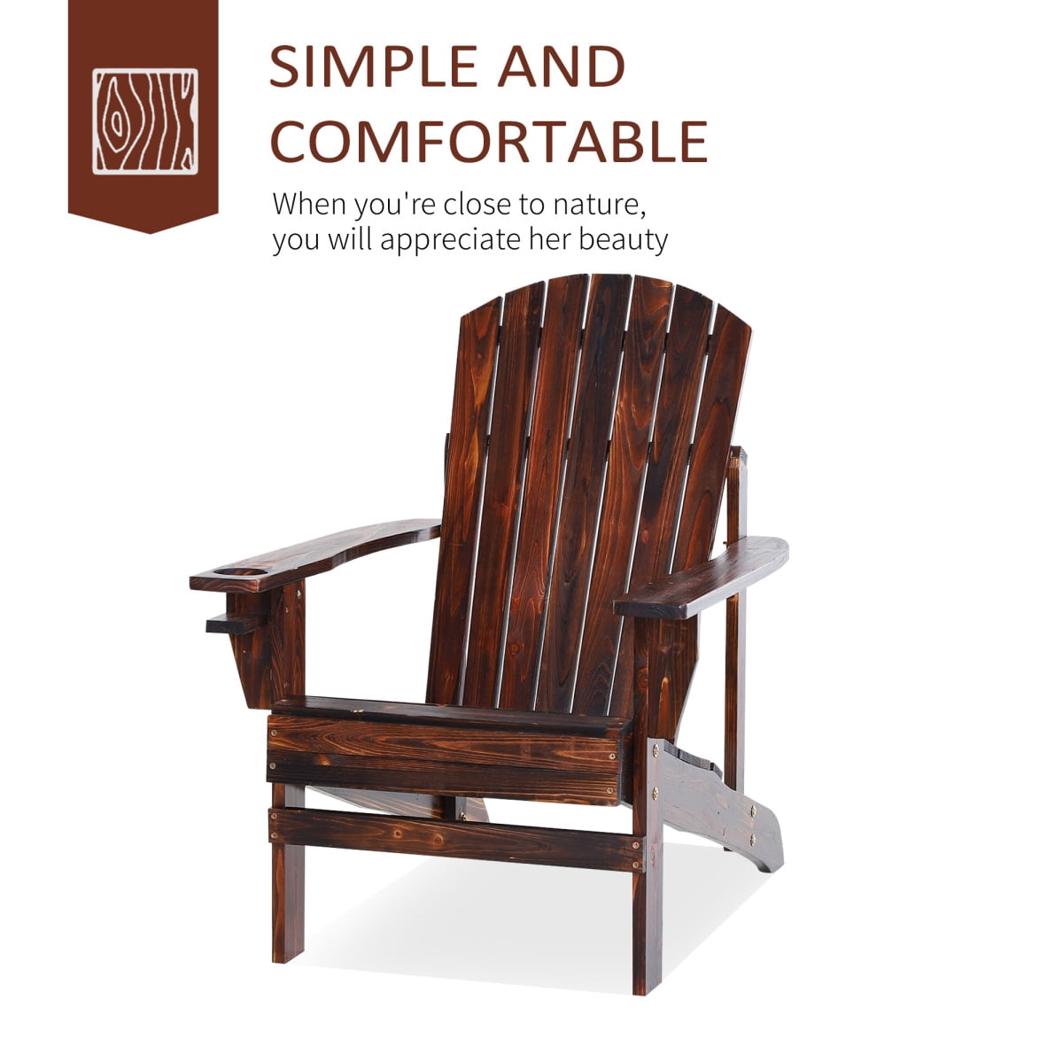 Newboti Furniture Wooden Adirondack Chair, Outdoor Patio Lawn Chair with Cup Holder, Weather Resistant Lawn Furniture, Classic Lounge for Deck, Garden, Backyard, Fire Pit, Brown BN.7218