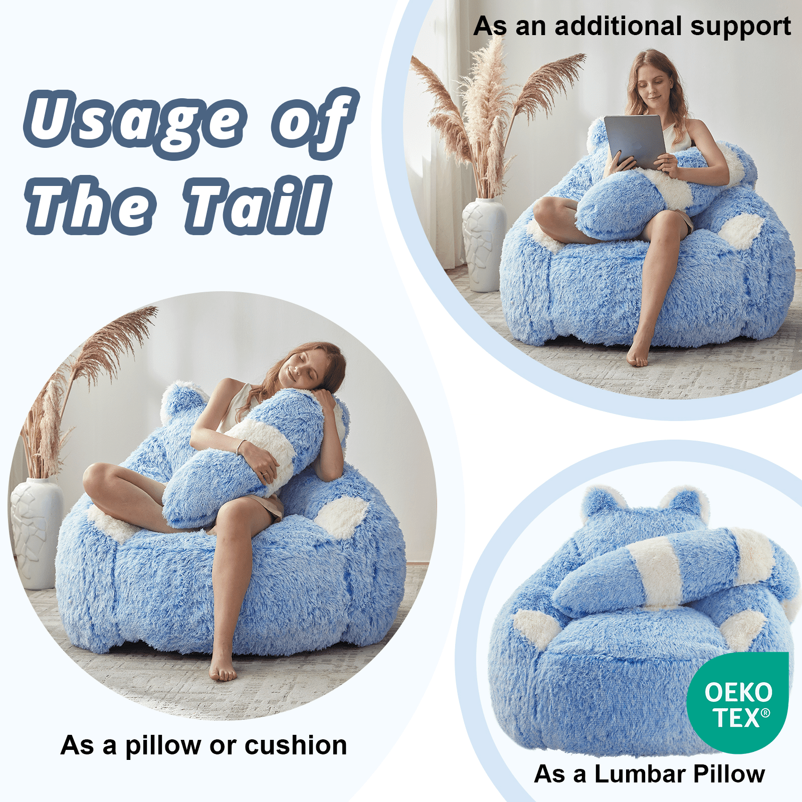 Ebenchico 3.7ft Raccoon Shaped Bean Bag Chair for Adults Teens Kids, Large Beanbag Chairs for Reading Gaming Relaxing, Blue